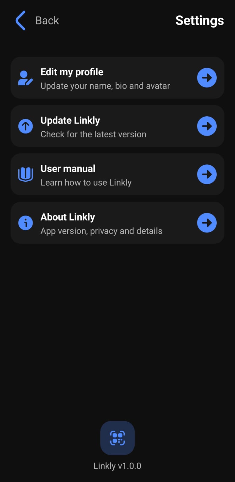 Linkly Settings screen